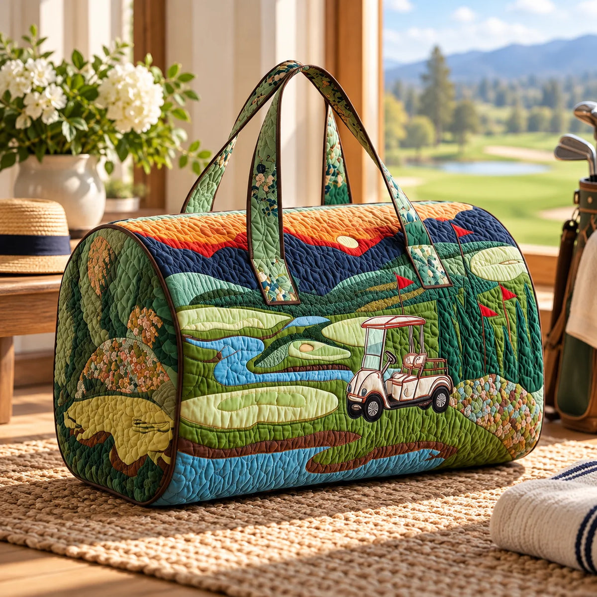 Foldable Quilted Golf Cart Print Duffle Bag Large Travel Weekender Shoulder Tote Bag Whispering Desires Shoppe