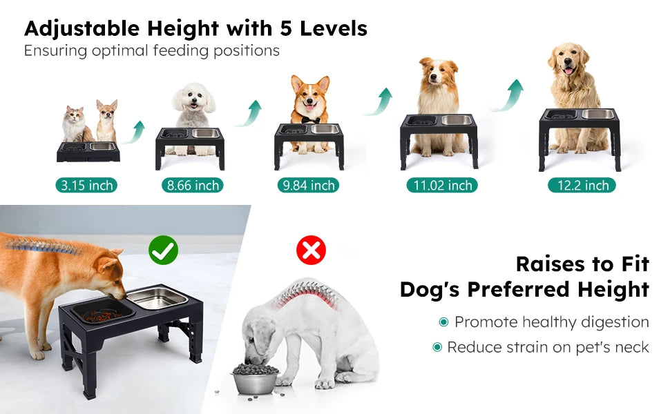 Adjustable Elevated Slow Feeder & Water Bowl Stand