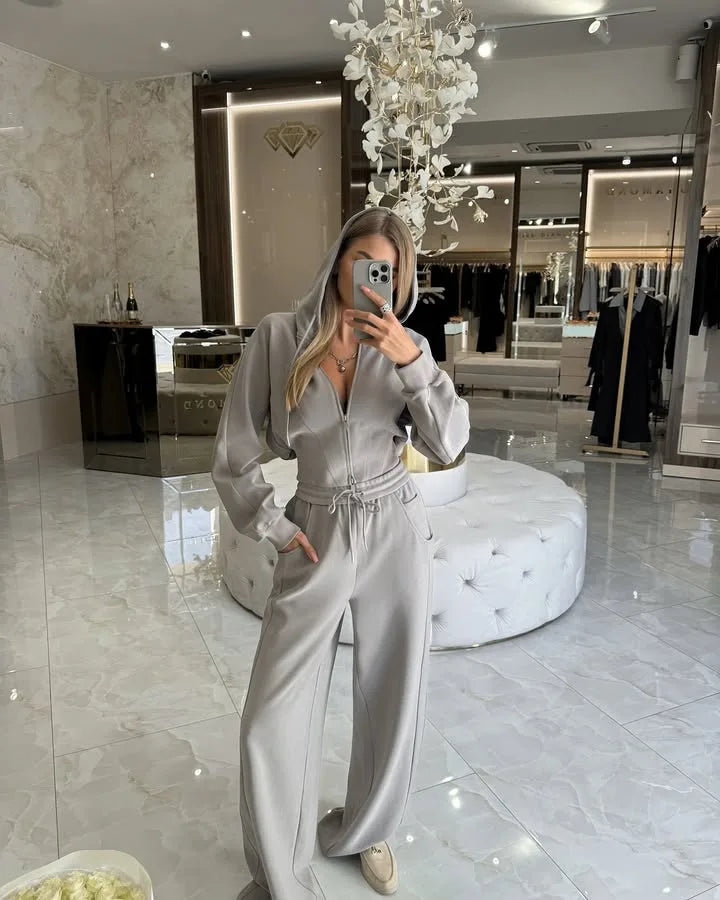 Women's Zip-Up Hooded Jacket and Wide-Leg Pants Set