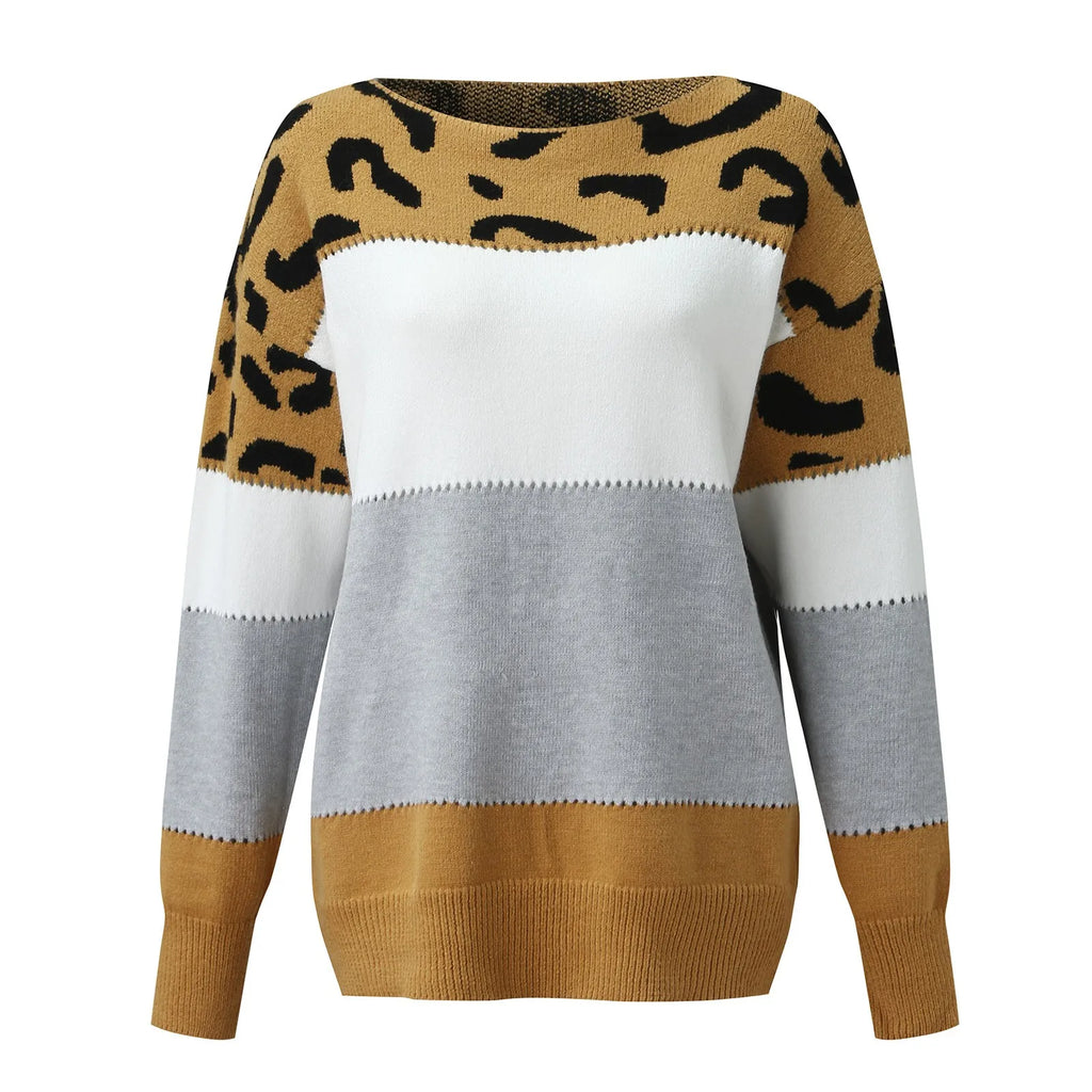Women Sweaters Contrast Leopard Color Pullovers Loose Autumn Winter Long Sleeve Sweater Jumper Pull Femme Knitwear Oversized Dsers