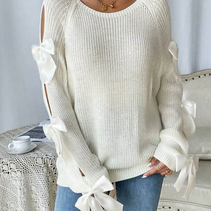 Bow-Detail Cutout Round-Neck Sweater