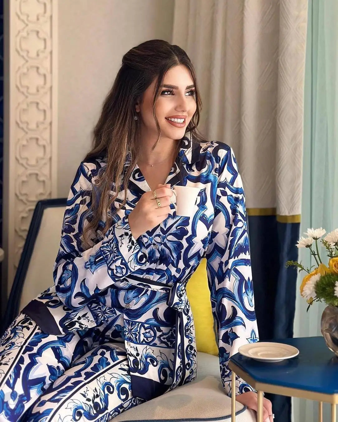 Printed Collar Top & Wide-Leg Pants Set