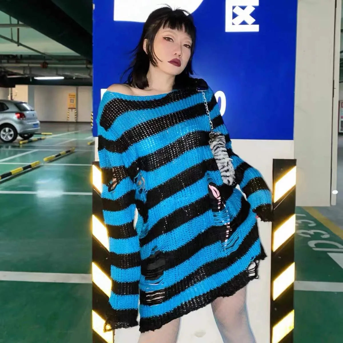 Karrram Punk Gothic Sweater Emo Tops E-girls Mall Goth Pullovers Y2k Harajuku Grunge Clothes Alt Dark Aesthetic Striped Jumpers Dsers
