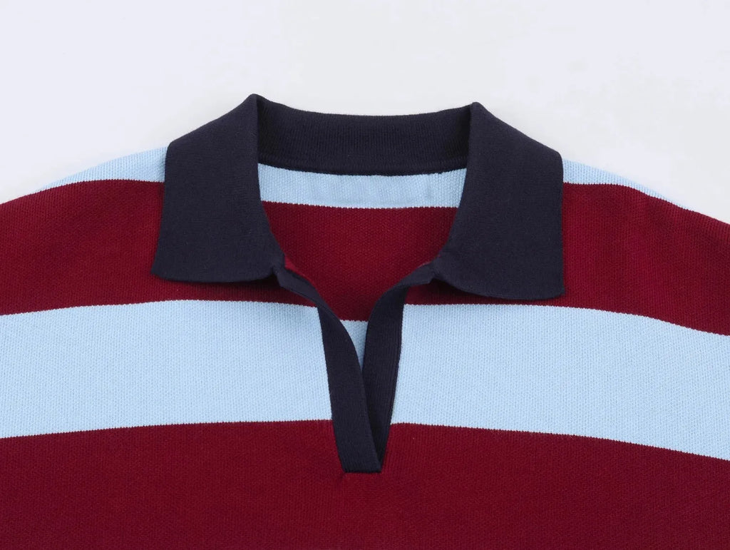 Striped Polo-Collar Long-Sleeve Sweater