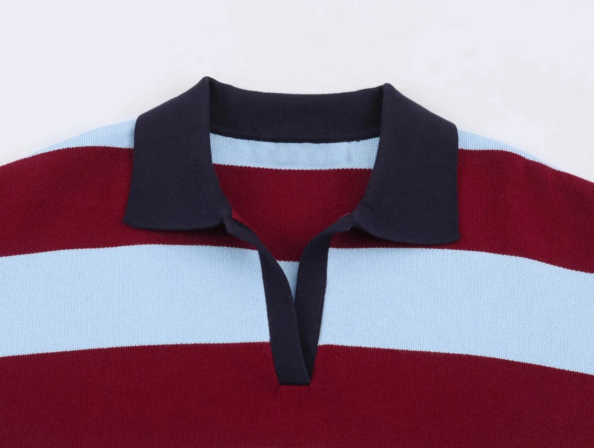Striped Polo-Collar Long-Sleeve Sweater