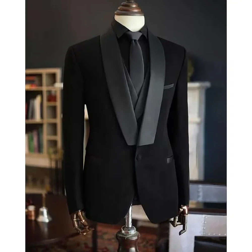 Men's Black Velvet-Look Three-Piece Suit