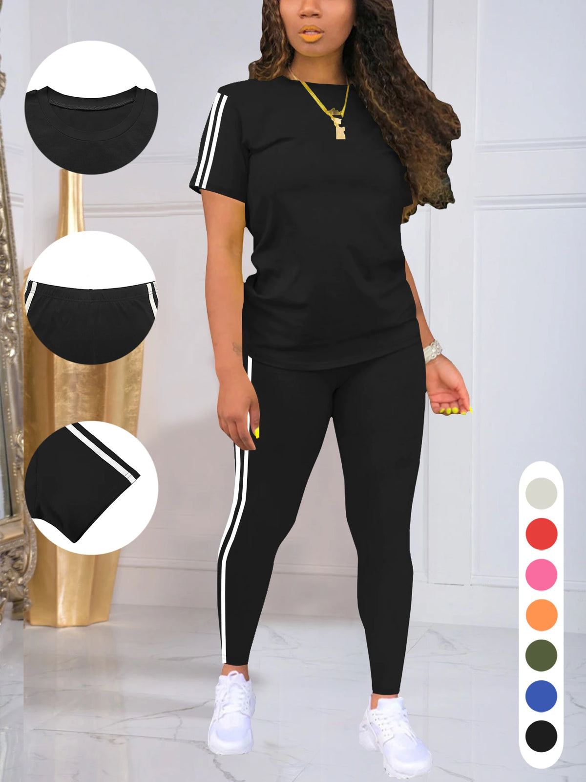 Side-Stripe Short-Sleeve Top & Pants Set