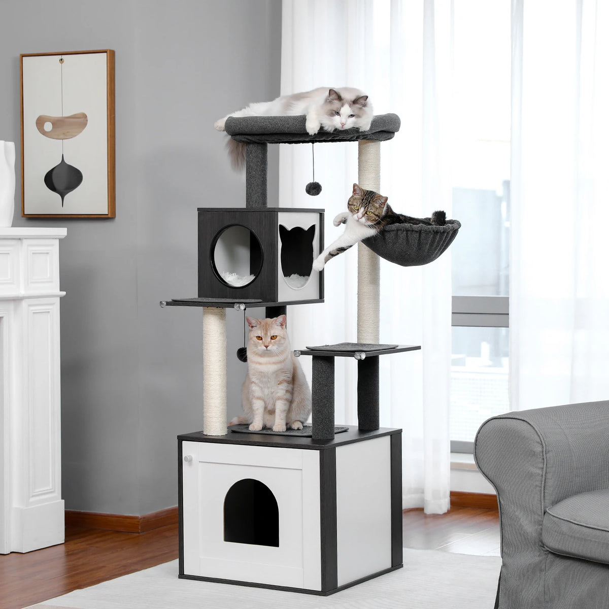 Multi-Level Wooden Cat Tree with Condo & Hammock