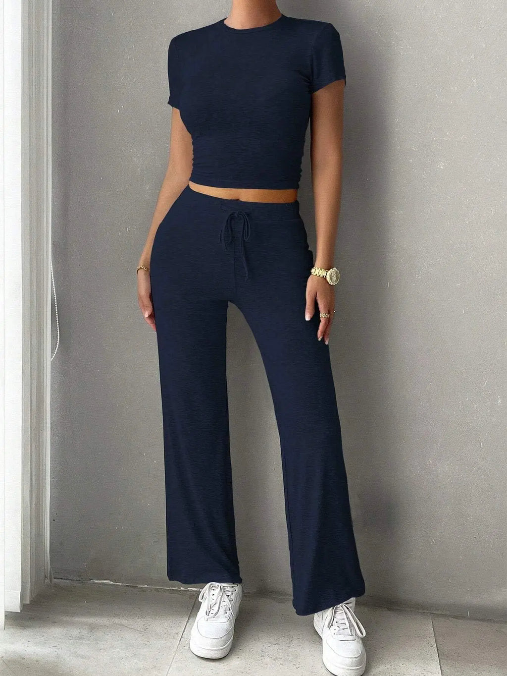 Solid Short-Sleeve Top & Pants Set