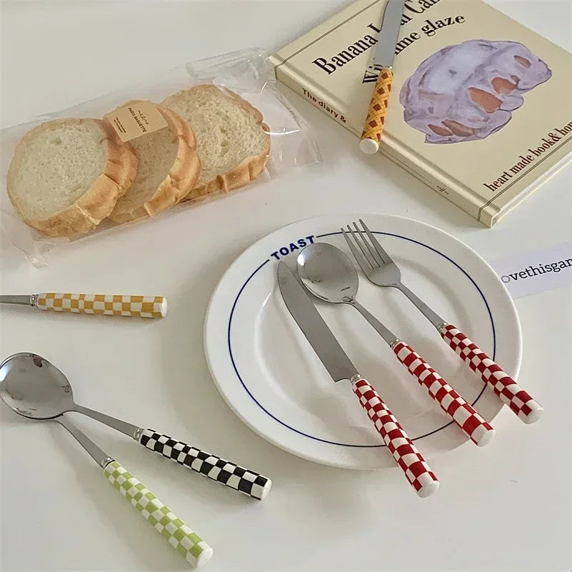 Checkerboard Ceramic-Handle Flatware — 3 Pieces