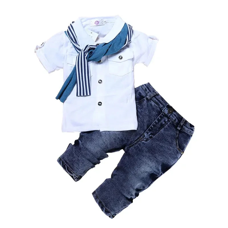 2-7 Years Kids Clothes Boys Outfit Summer Children's Clothing Boy Sets Cotton Short Sleeve O-Neck Tops+Jeans+Scarf Baby Costume Whispering Desires Shoppe