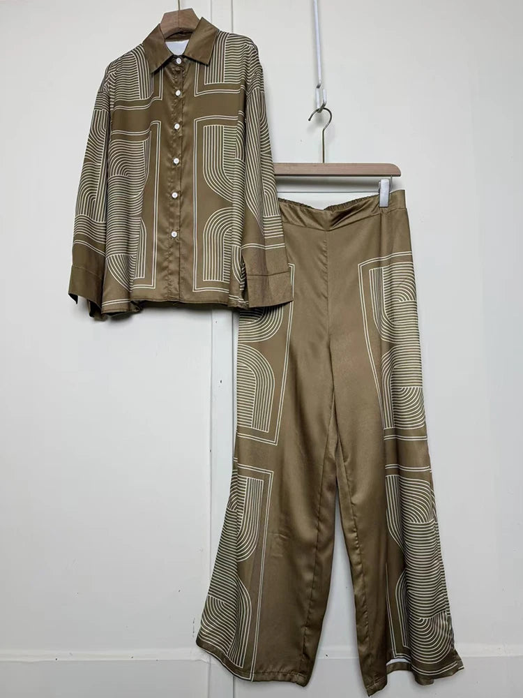 Women's Geometric Button-Up Shirt and Wide-Leg Pants Set