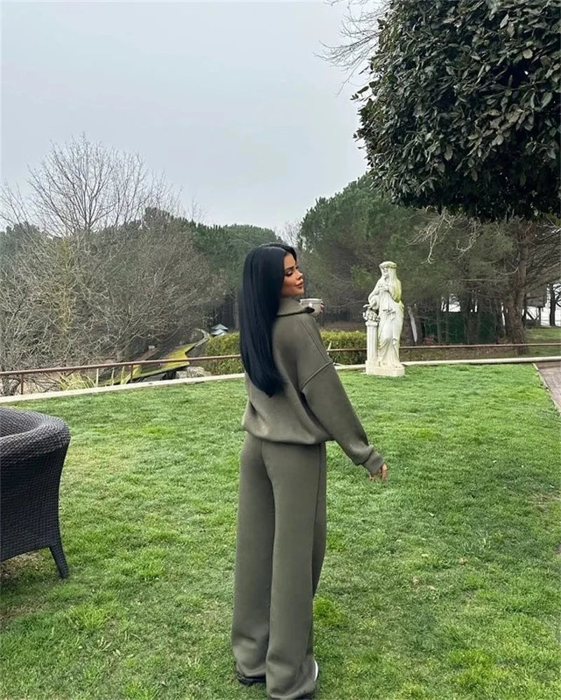 Women's Long-Sleeve Collared Top and Pants Set