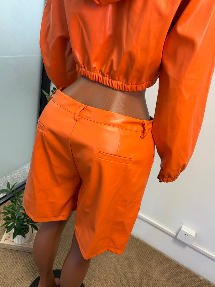 Women's Faux-Leather-Look Hooded Jacket and Bermuda Shorts Set