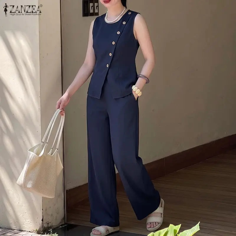 ZANZEA Sleeveless Button Blouse & Pants Set
