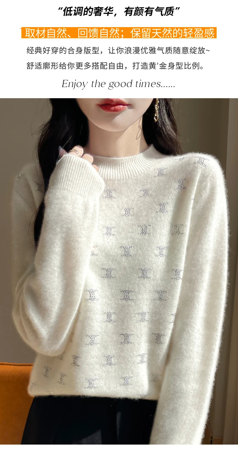 Women Fine Wool Thickening Sweater Half-high Collar Leaf studded With Diamonds Pullover Female Knitted Basis Tops Autumn Winter Dsers