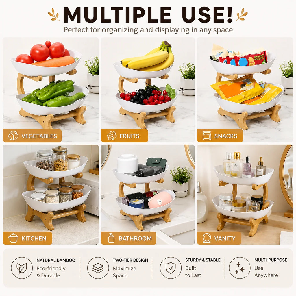 Bamboo-Frame Tiered Fruit Stand with PP Bowls