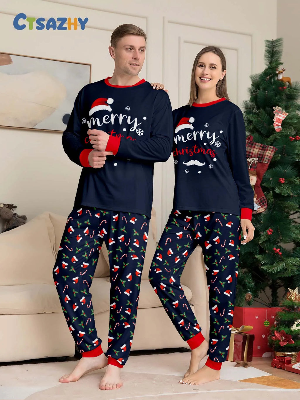 Navy Santa Hat & Candy Cane Family Pajamas