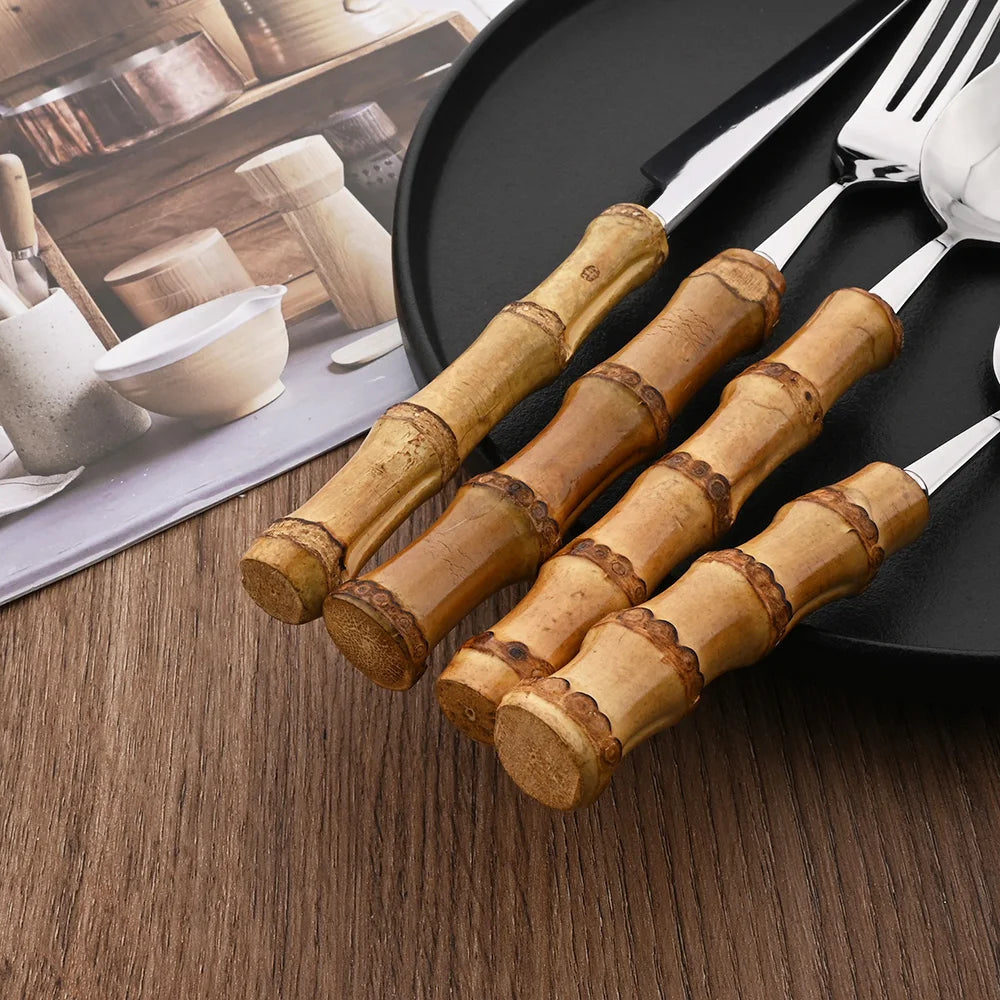 PINKTEN Bamboo-Handle Stainless Steel Flatware