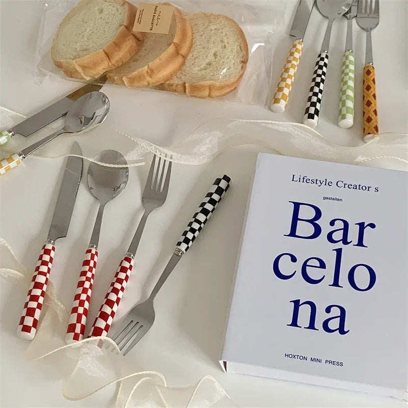 Checkerboard Ceramic-Handle Flatware — 3 Pieces