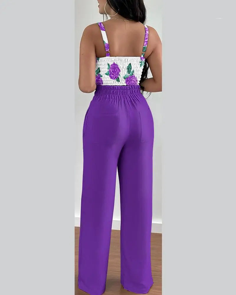 Women's Printed V-Neck Halter Top and Wide-Leg Pants Set