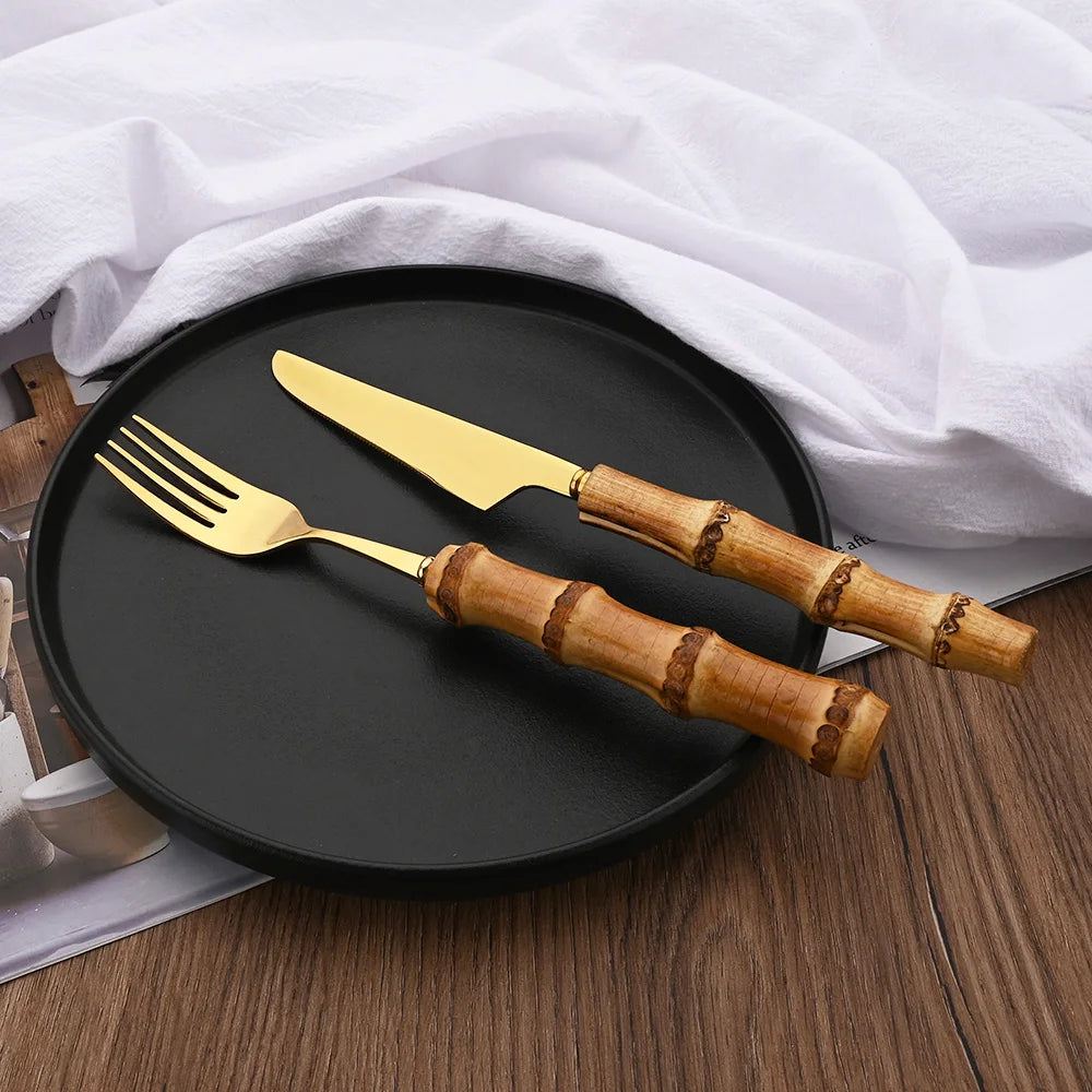 PINKTEN Bamboo-Handle Stainless Steel Flatware