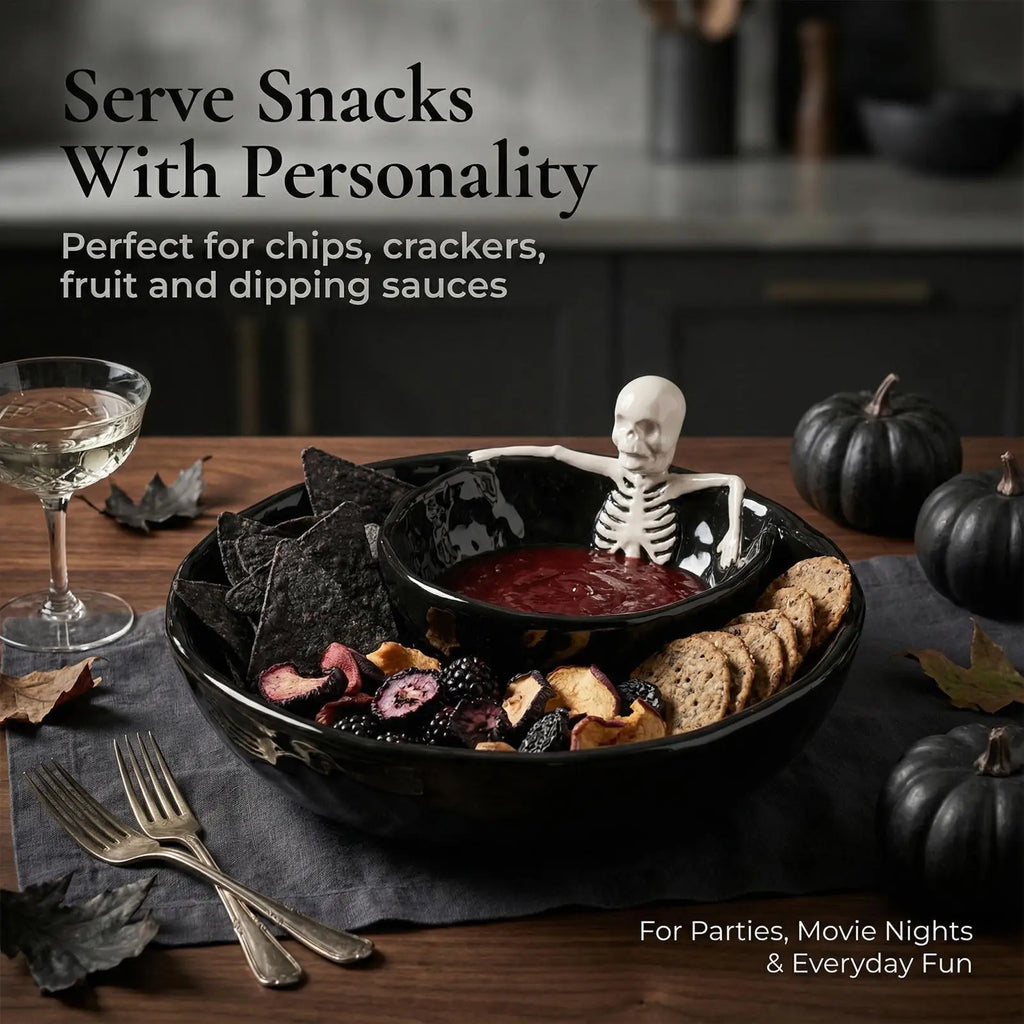 Skull-Shaped Ceramic Chip and Dip Bowl — 8.5 Inch