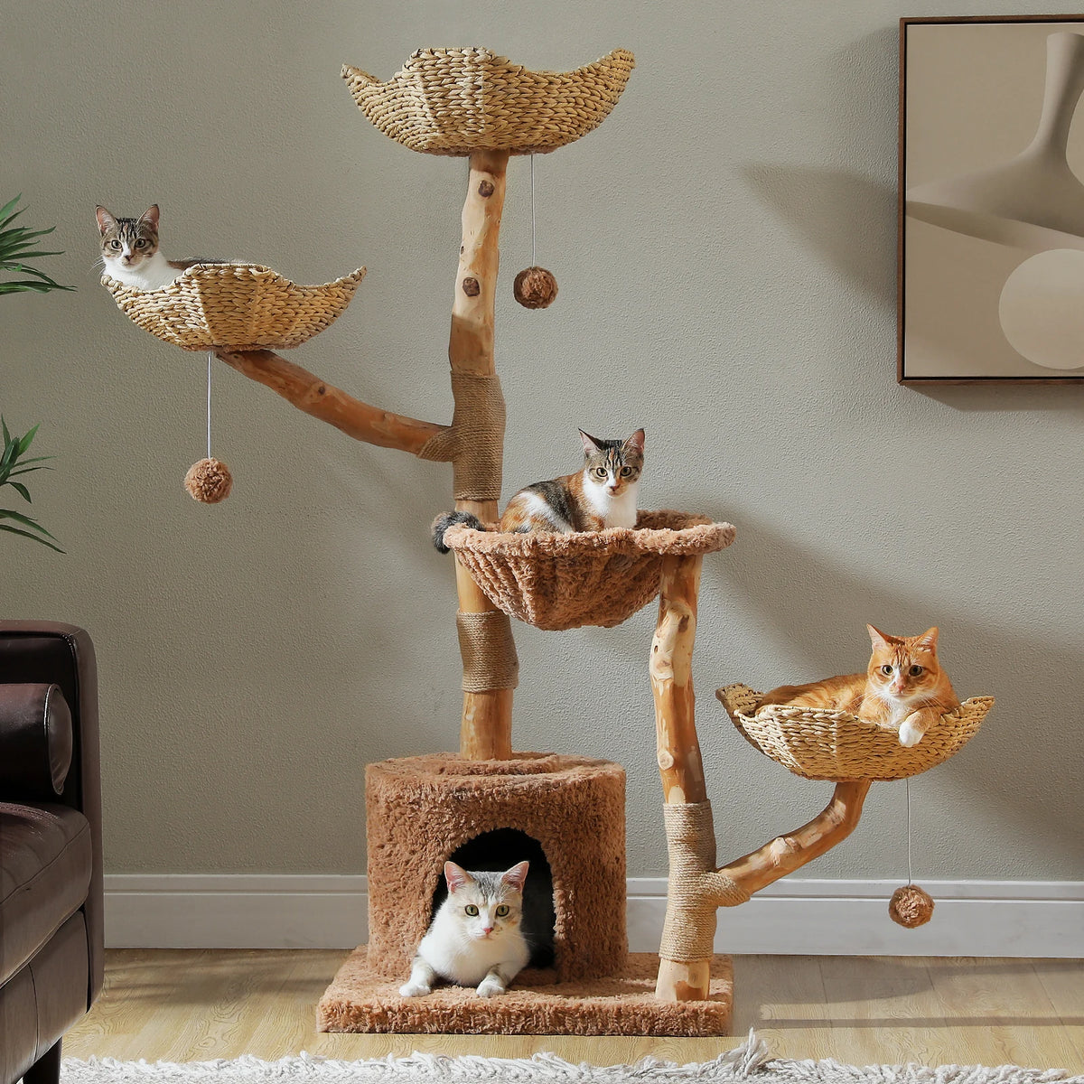 Flower Cat Tree with Wicker Basket Bed