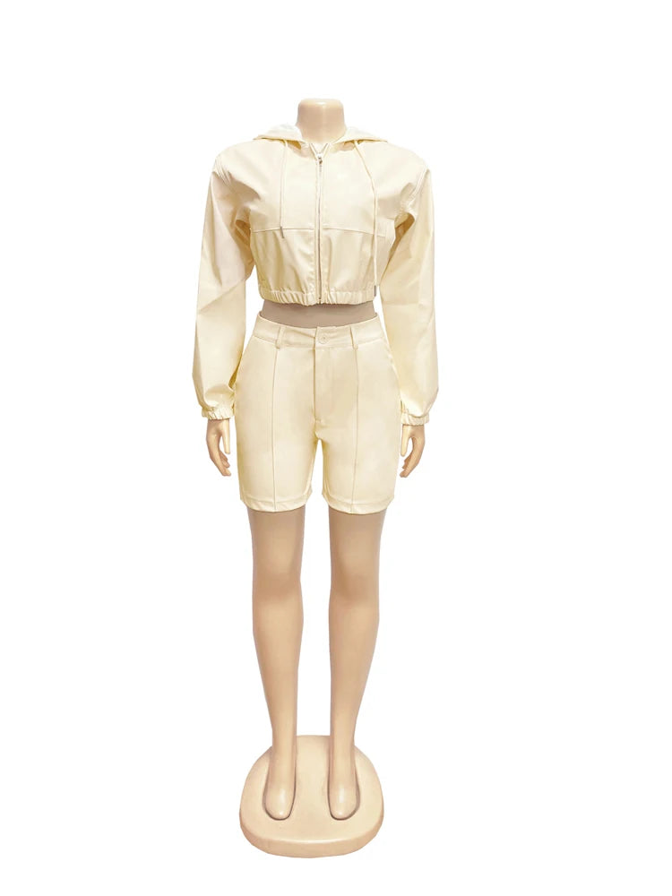 Women's Faux-Leather-Look Hooded Jacket and Bermuda Shorts Set