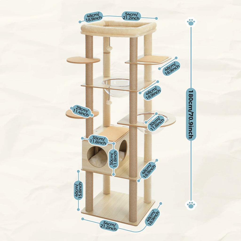 Multi-Level Wooden Cat Tree with Condo & Hammock