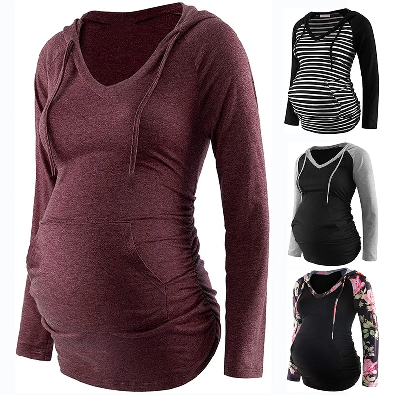 Striped V-Neck Maternity Hoodie