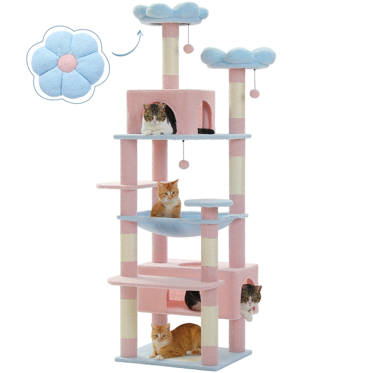 184cm Blue Cat Tree with Hammock & Condos