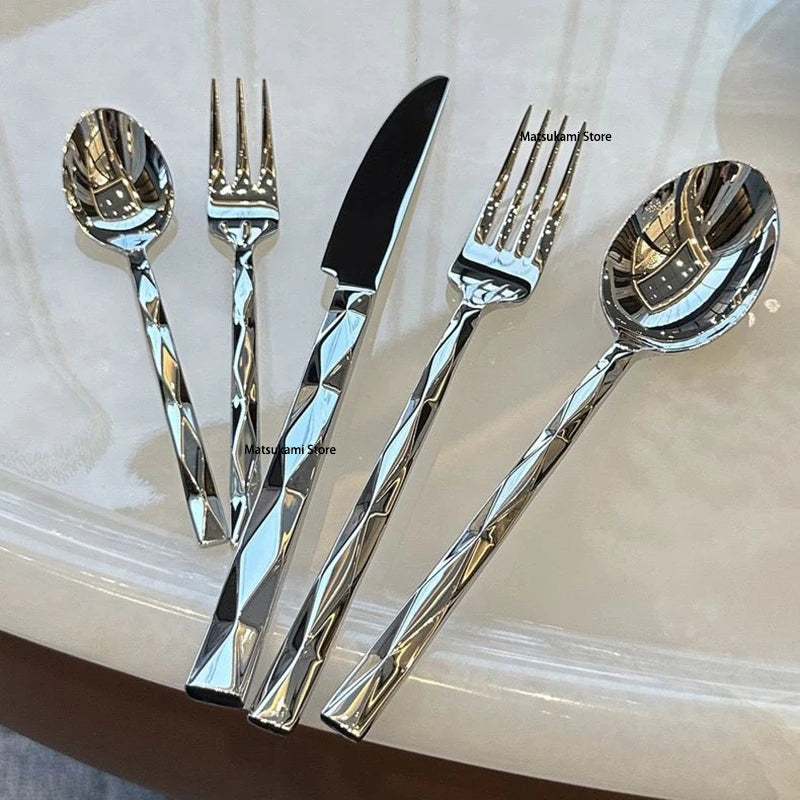 Diamond-Pattern Stainless Steel Flatware, 5 Pieces