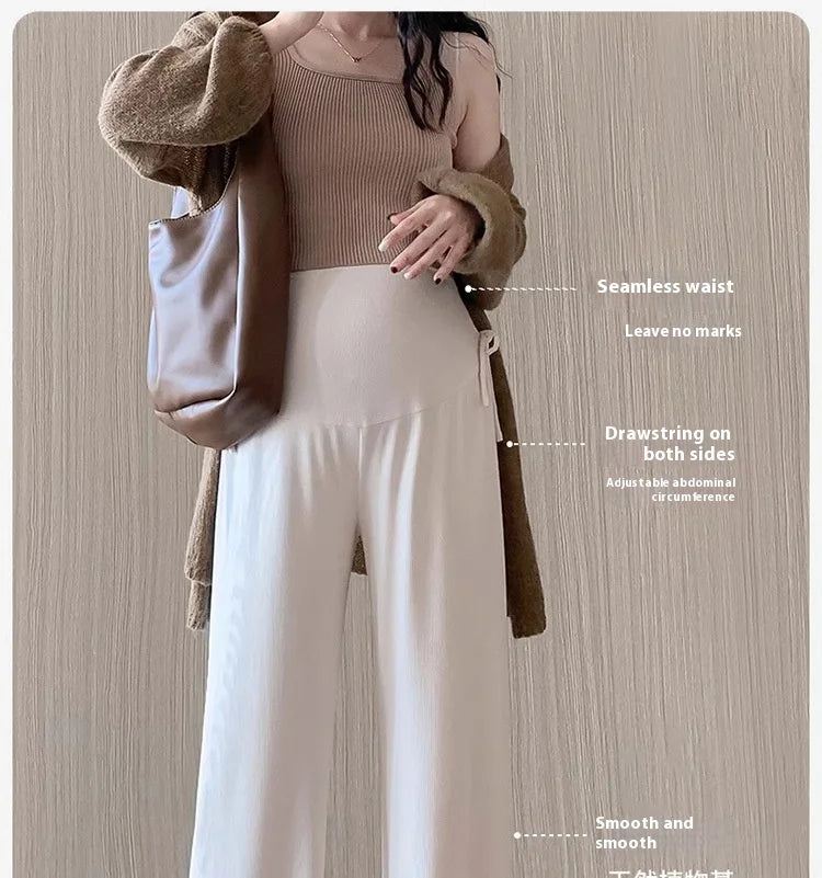 Maternity Trousers Spring and Autumn Outside Wear New Summer Petite Casual Drawstring Straight Wide Leg Trousers Maternity Wear Whispering Desires Shoppe