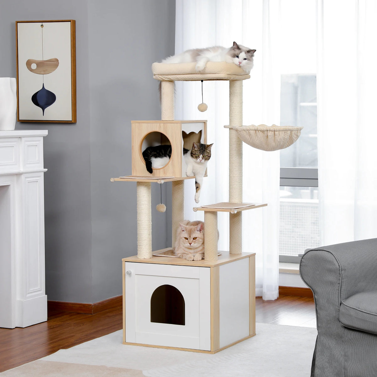 Multi-Level Wooden Cat Tree with Condo & Hammock