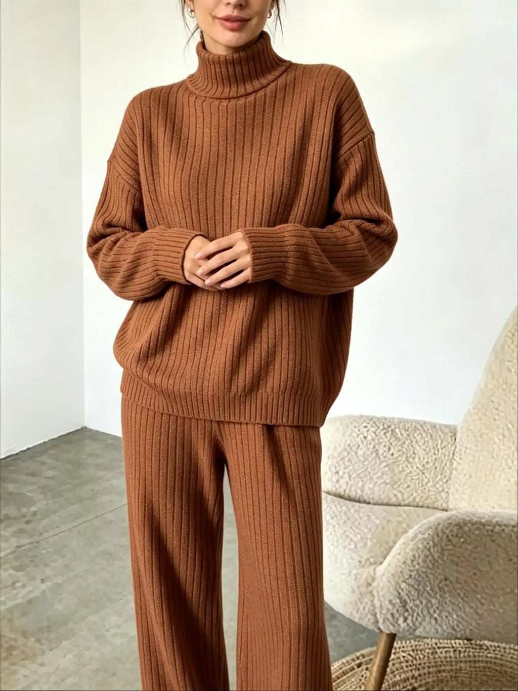 Women's Turtleneck Top and Wide-Leg Pants Set