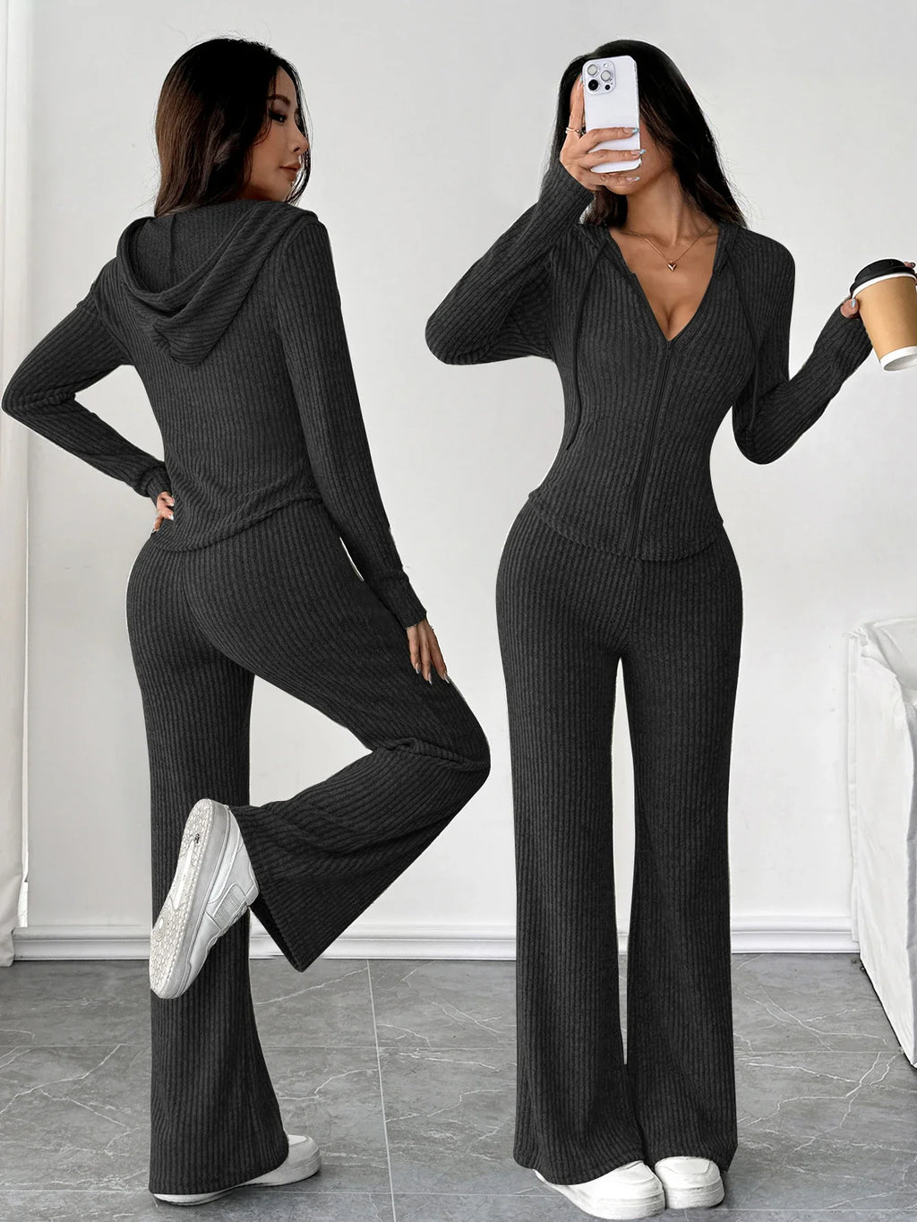 Zip-Up Hooded Top & Flared Pants Set