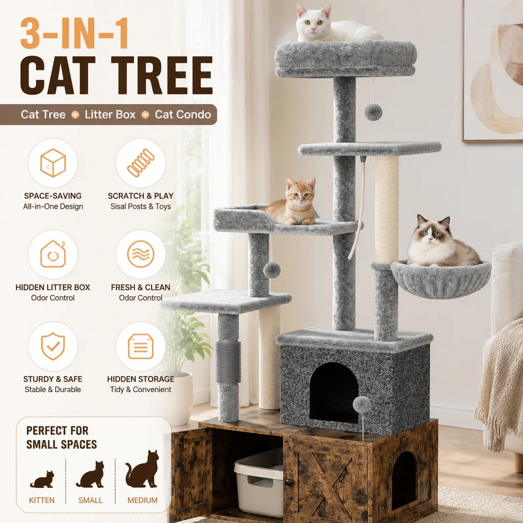 Three-in-One Cat Tree with Litter Box Cabinet