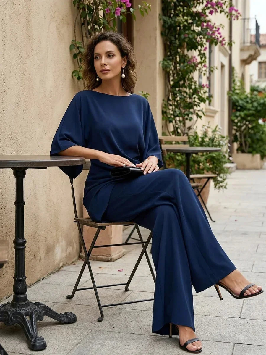 Women's Draped Boat-Neck Top and Wide-Leg Pants Set
