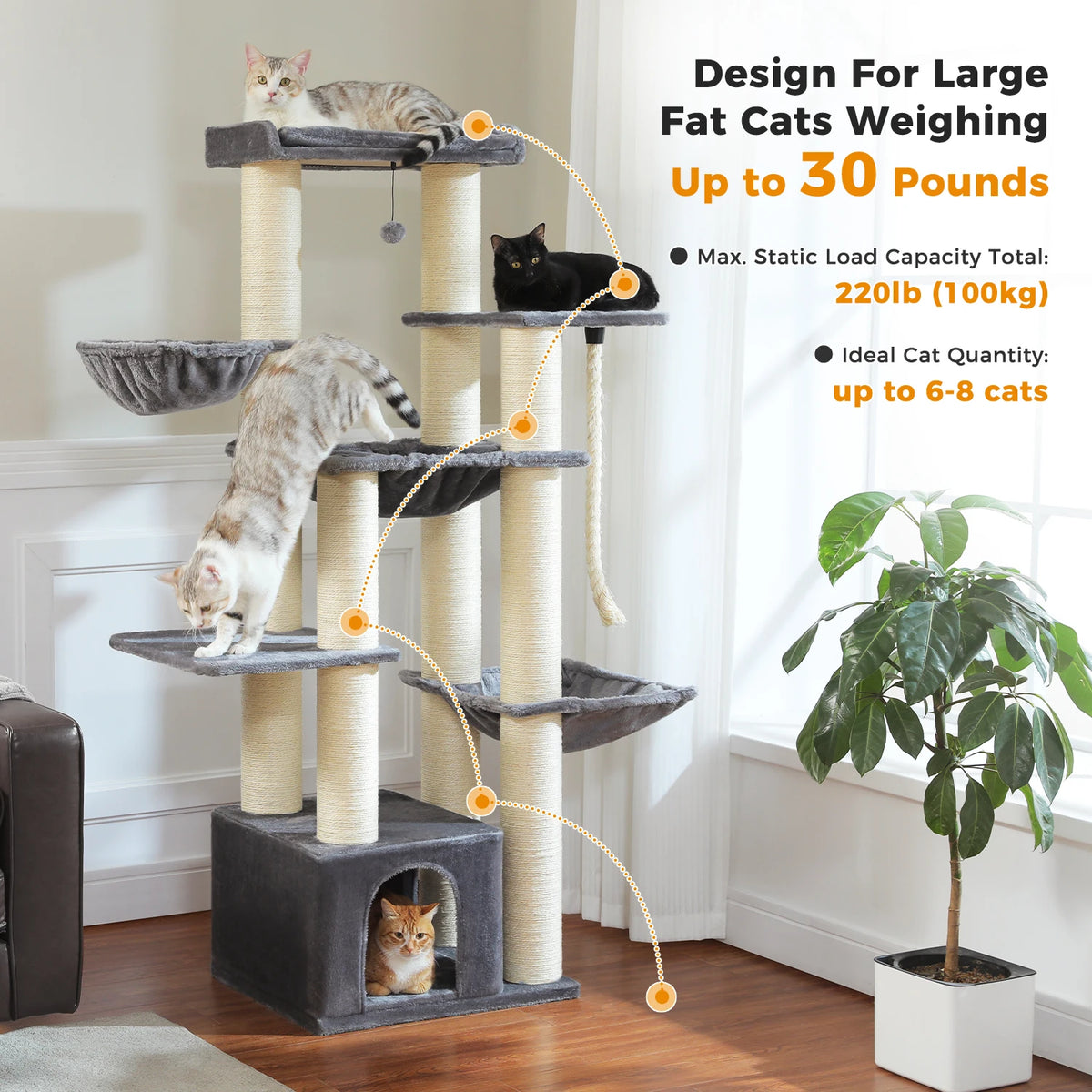 Large Cat Tree for Big Cats Robust Cat Tower with Several Levels Cat House Climbing Tree with Hammock 11 Sisal Posts Large Perch Whispering Desires Shoppe