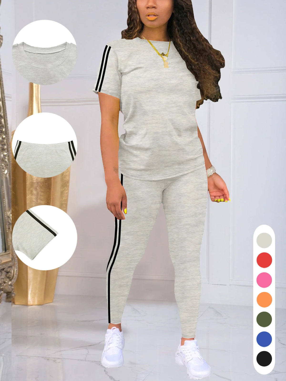 Side-Stripe Short-Sleeve Top & Pants Set