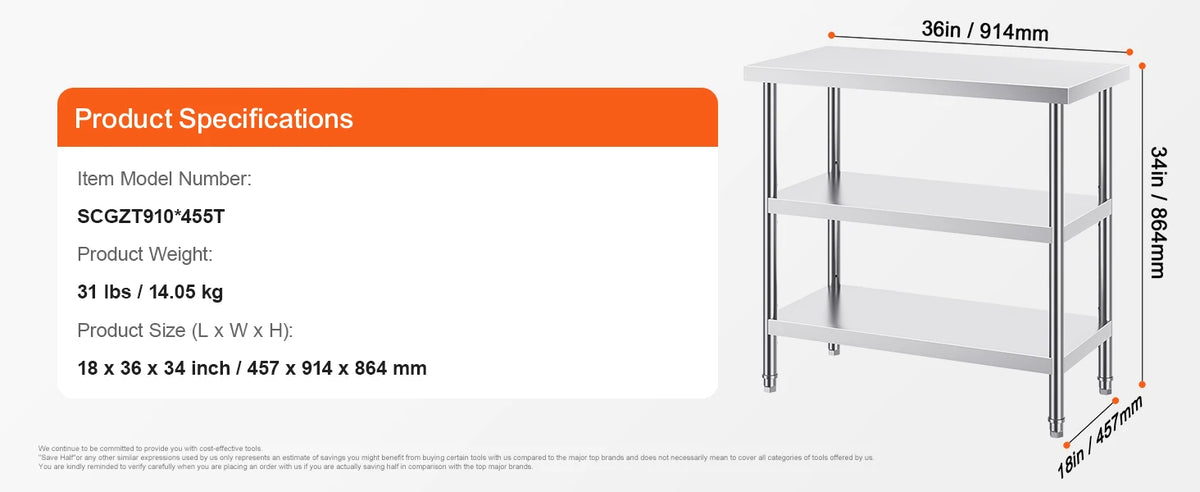 SucceBuy Stainless-Steel Kitchen Prep Work Table