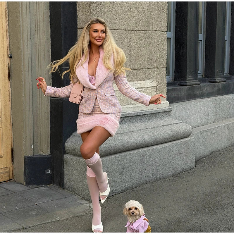 Women's Faux-Fur-Trim Blazer and Mini Skirt Set