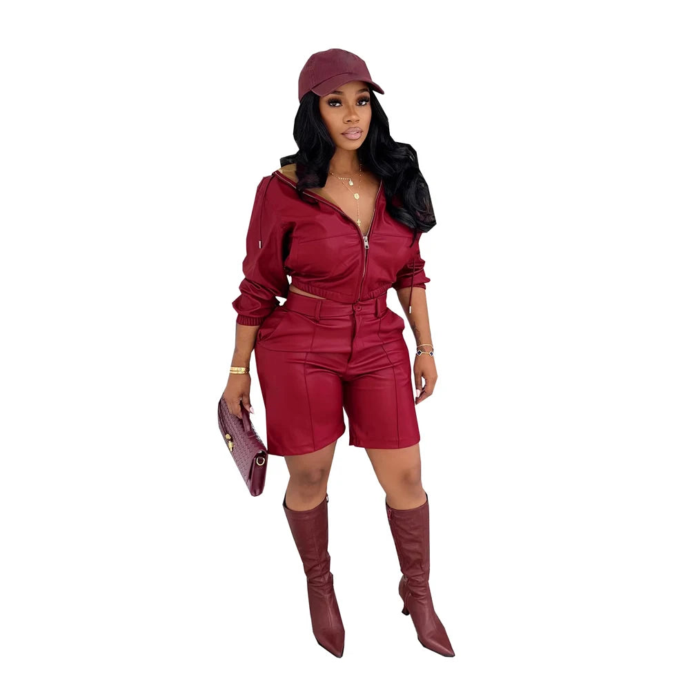 Women's Faux-Leather-Look Hooded Jacket and Bermuda Shorts Set