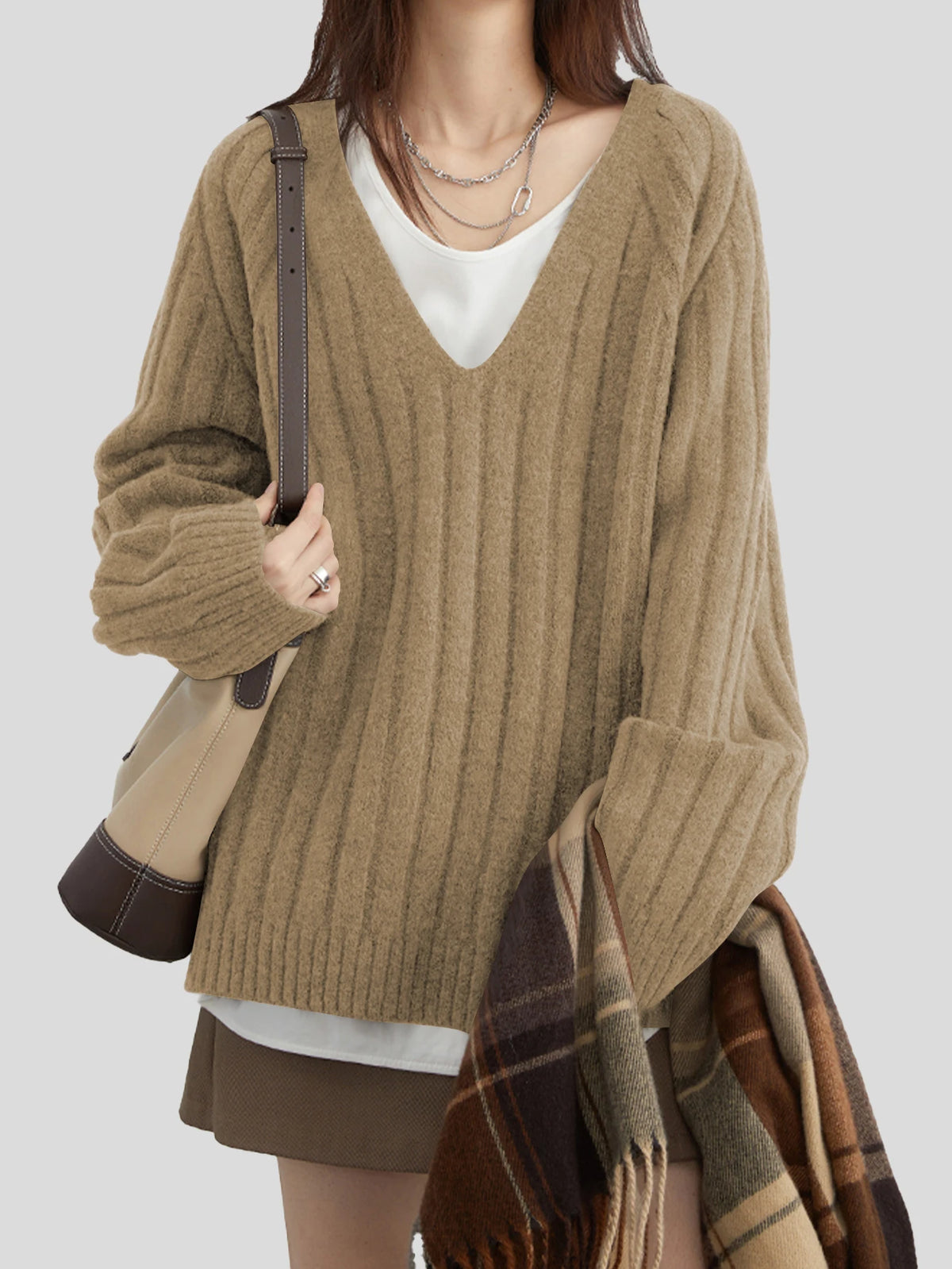 Women's Ribbed V-Neck Knit Sweater