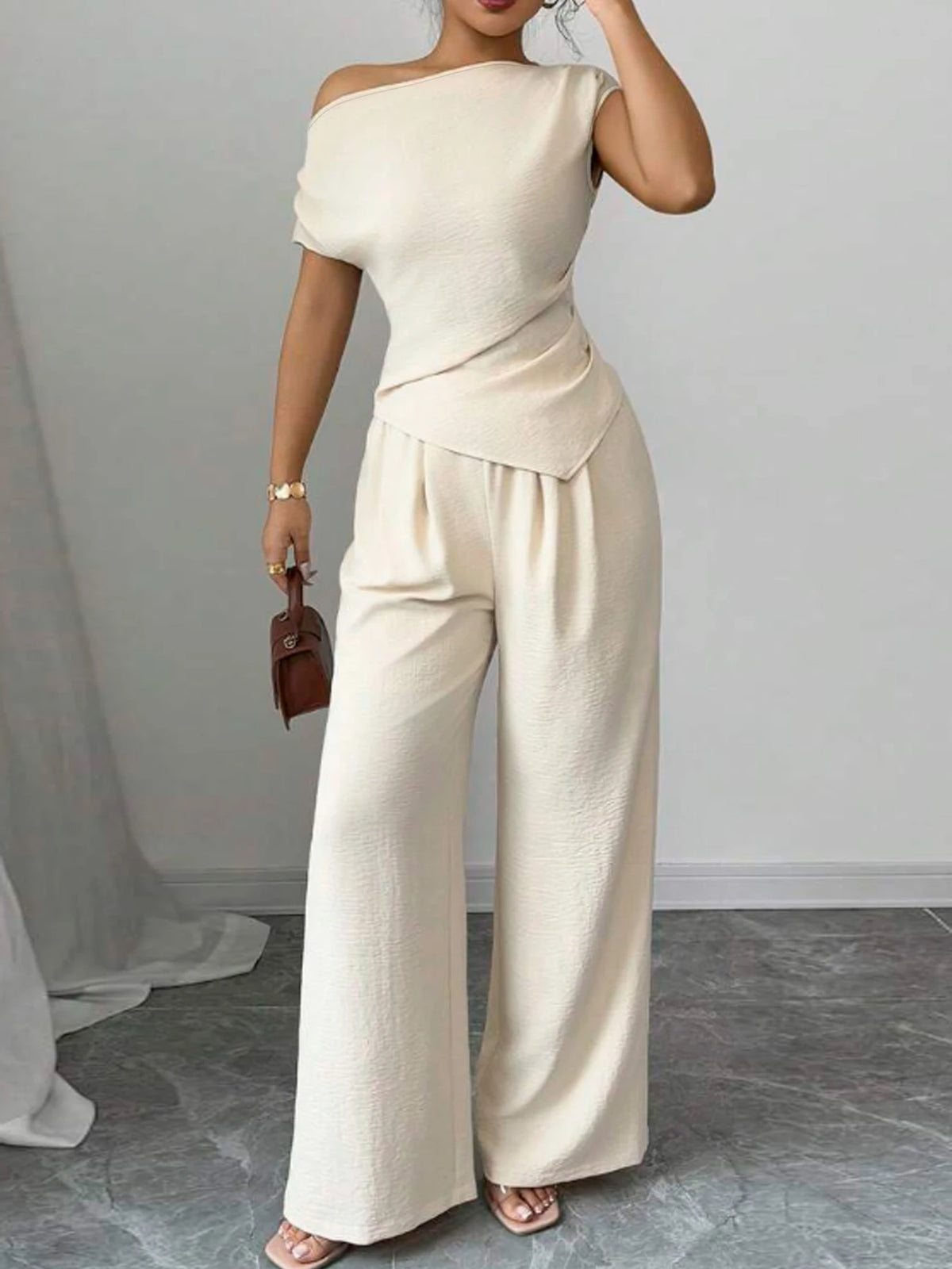 Women's Asymmetric Top and Wide-Leg Pants Set