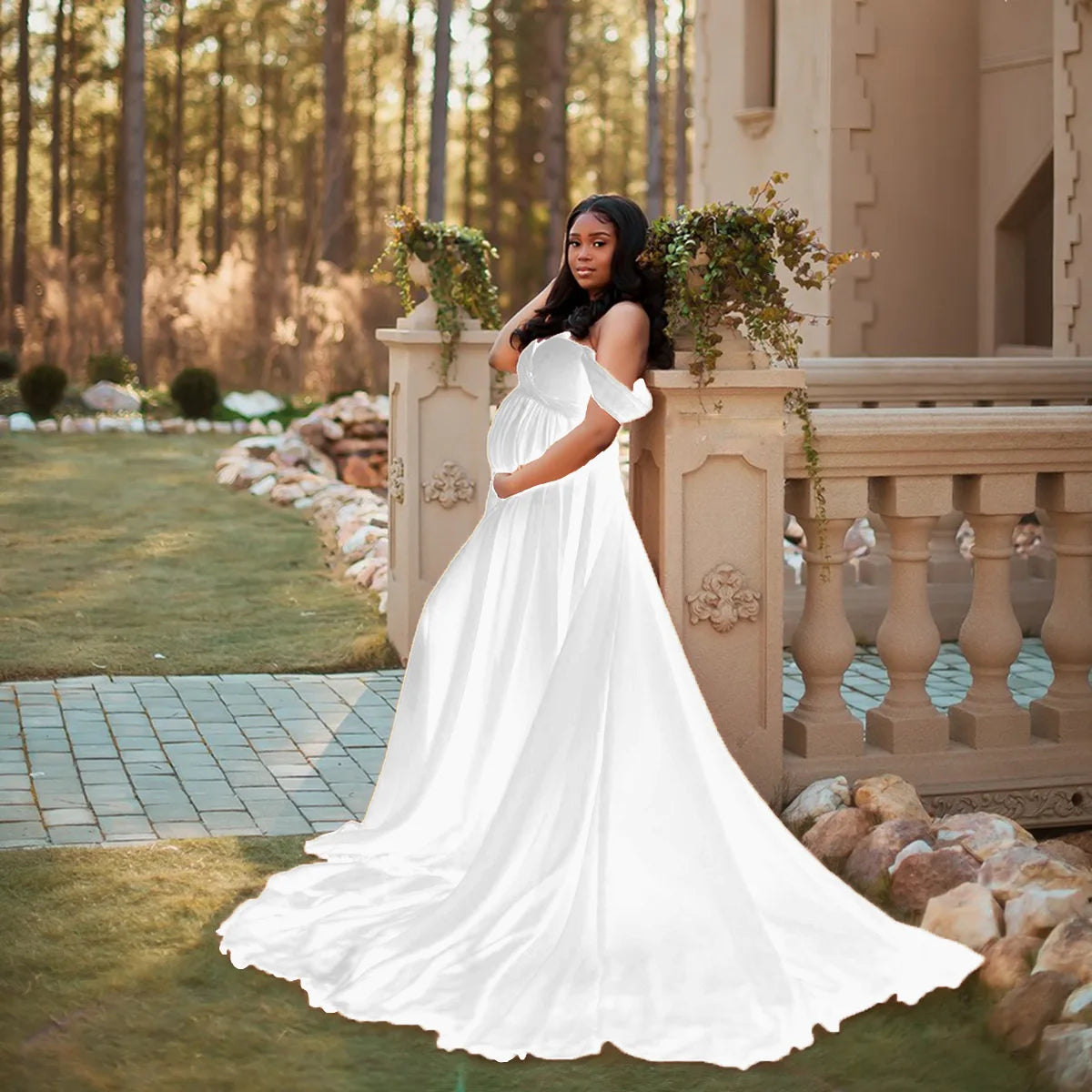 Floor-Length Lace Maternity Photography Gown