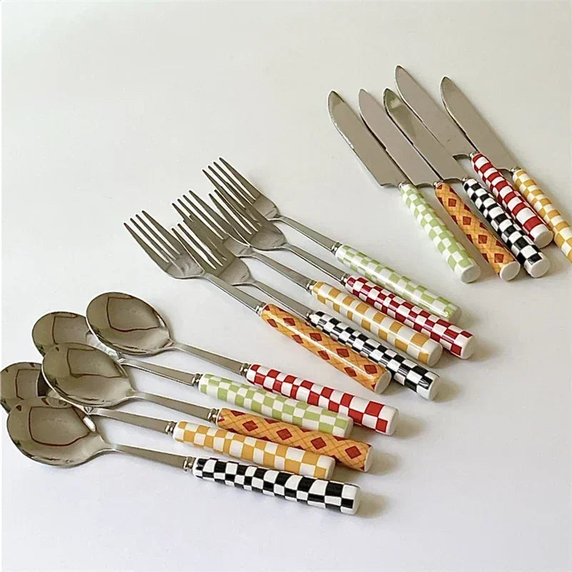 Checkerboard Ceramic-Handle Flatware — 3 Pieces