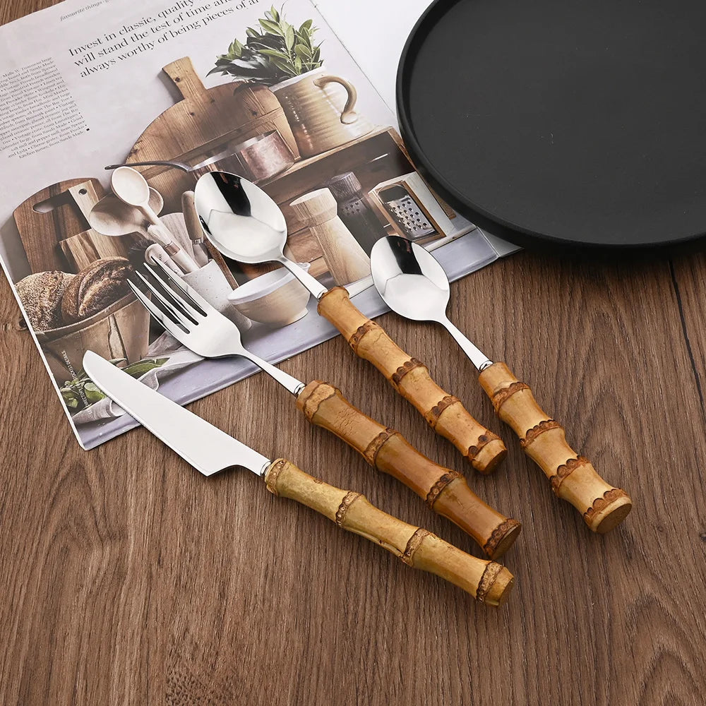 PINKTEN Bamboo-Handle Stainless Steel Flatware