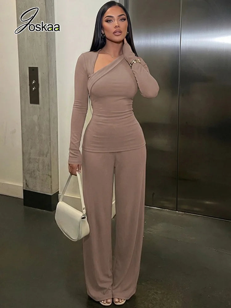 Women's Asymmetric Long-Sleeve Top and Flared Pants Set